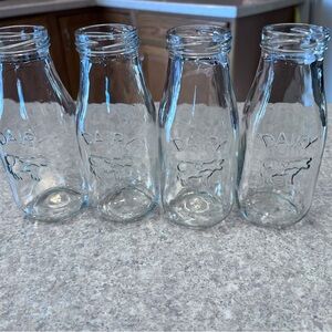 Clear Glass Dairy Bottles with Cows Set of 4